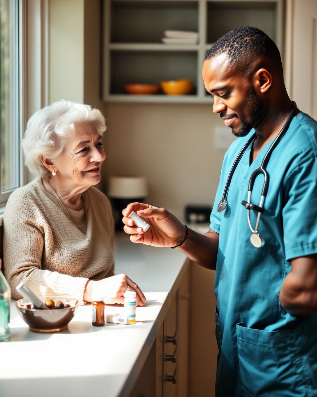 A Mixed Race nurse preparing medication with care in a home setting