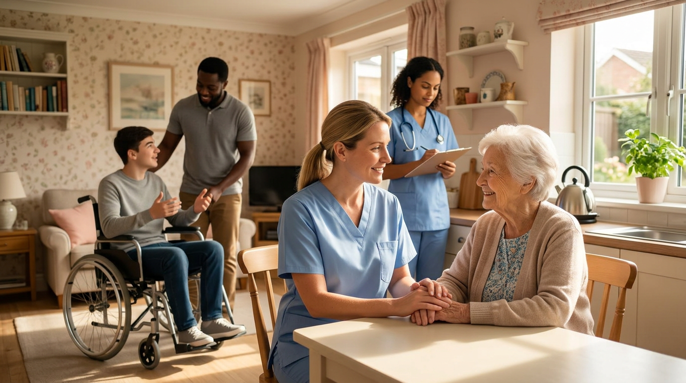 A diverse Vital Care Legacy team — a White female caregiver supporting an elderly woman, with a Black support worker assisting a young adult in a wheelchair and a Mixed Race nurse — in a warm British home