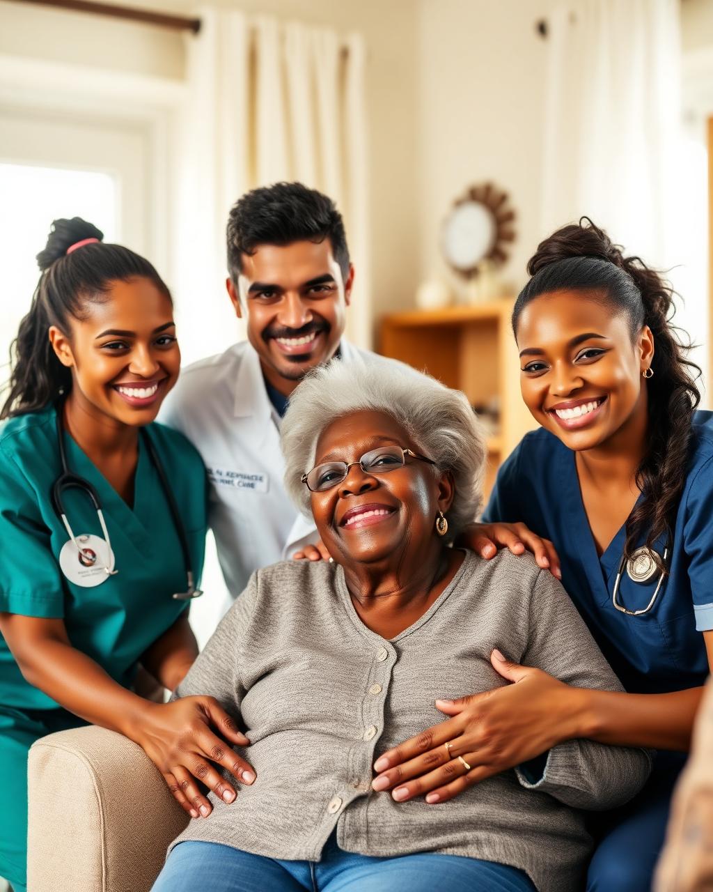 A diverse care team — Black, White, and Mixed Race caregivers — warmly assisting an elderly client at home